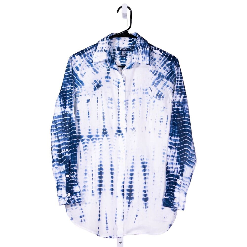 Chaps Ralph Lauren Women's Shirt Button Up White Blue Tie Dye Long Sleeve Top S